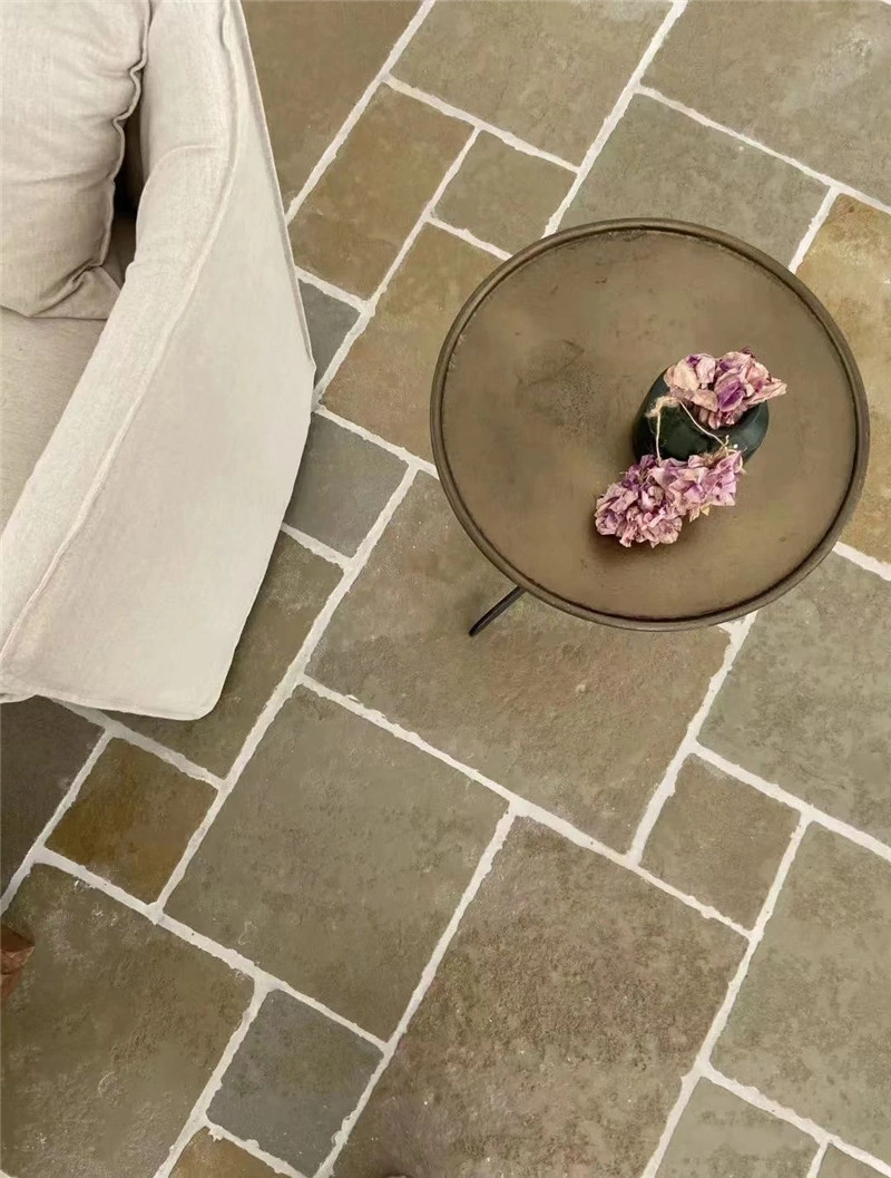 Yellow limestone multi-size paving installed on villa patio with natural stone flooring