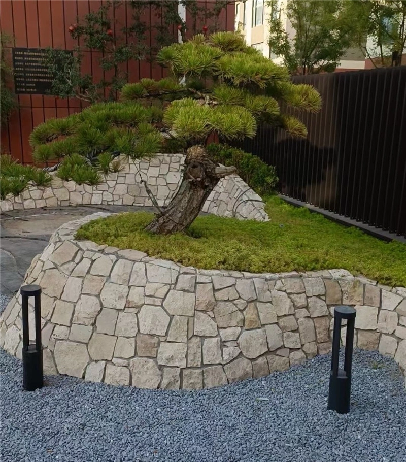 Beige crazy paving stone curved retaining wall for garden tree planter, landscape hardscaping