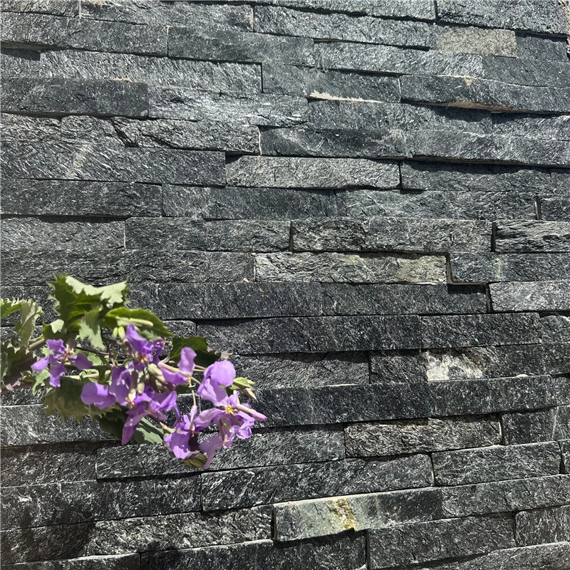 Black quartzite ledger stone panel split face wall cladding with plant decoration