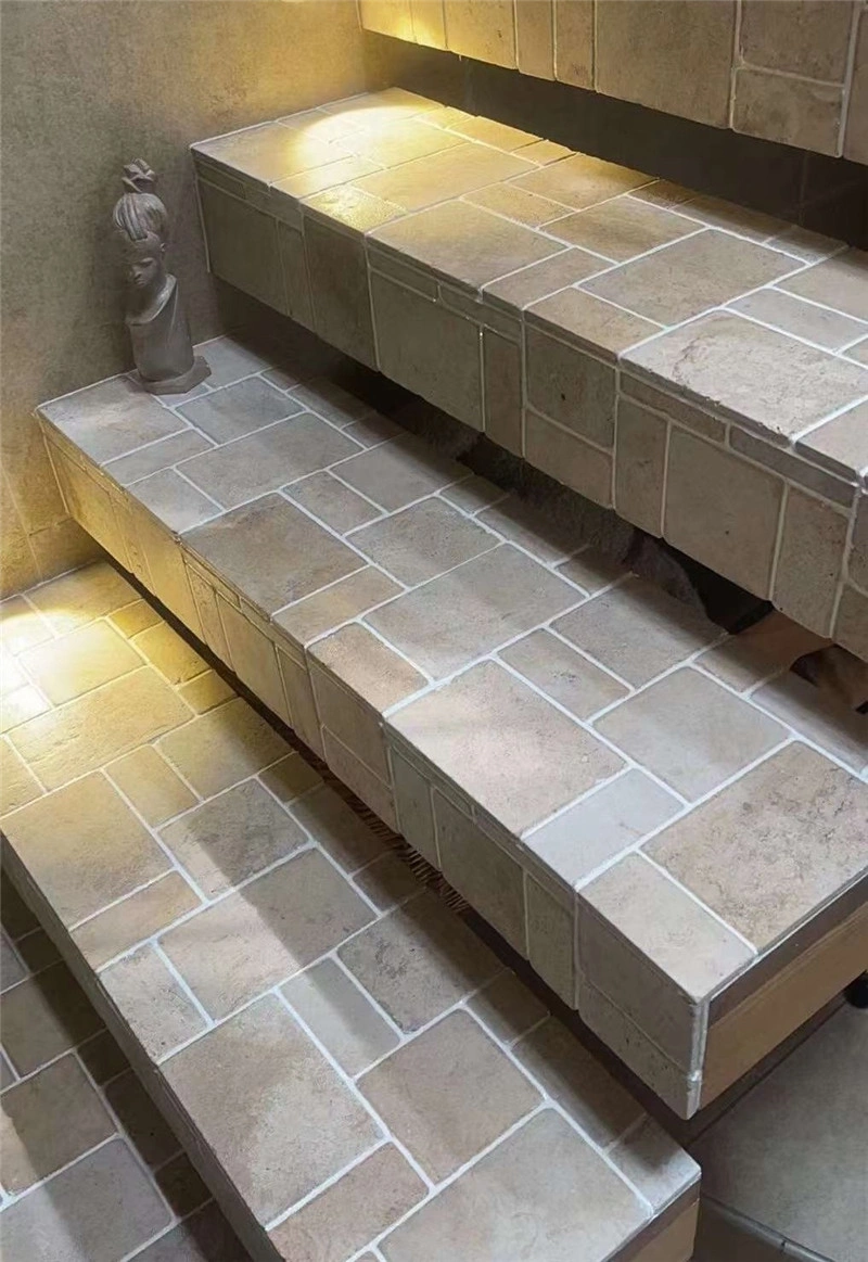 Antique Beige Aged Natural Limestone Stair Treads for Rustic Villa Interior Design