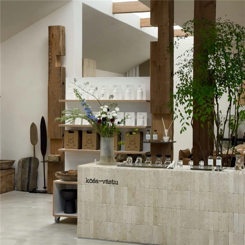 Beige travertine strip mosaic cladding for modern retail store interior wall