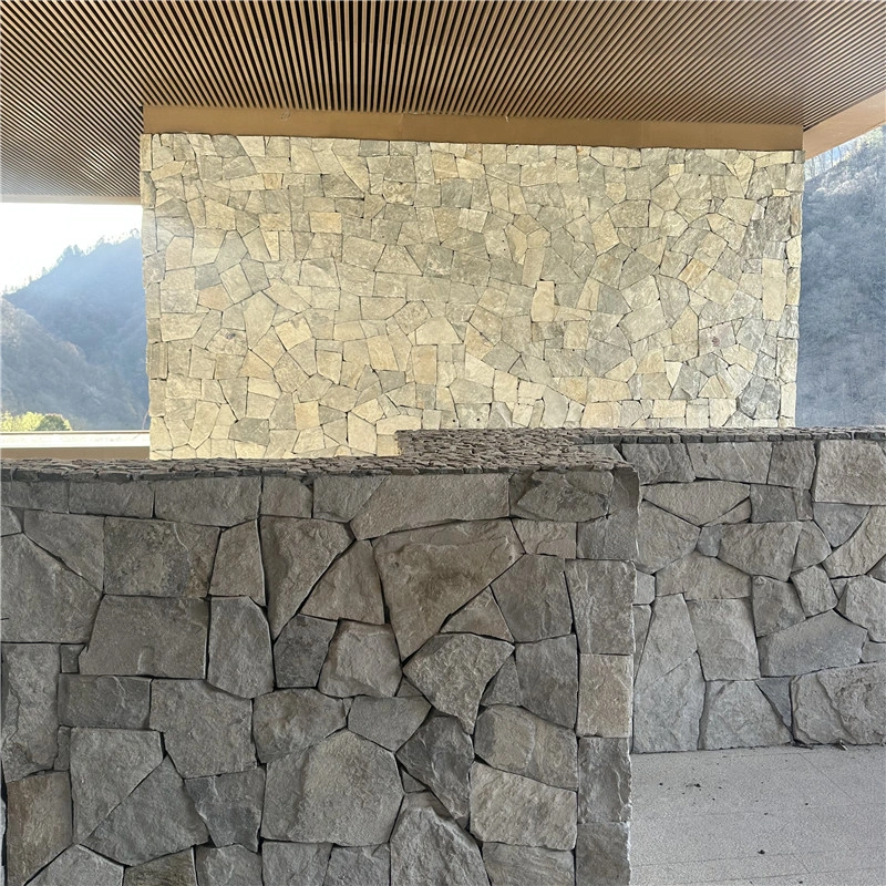 Natural Split Irregular Multi Grey Slate Crazy Paving with Rust Mineral Tones, Wall Veneer Packed in Wooden Crates for Export Projects
