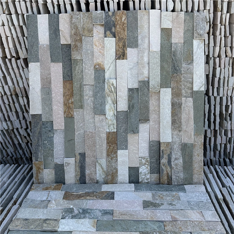 Mixed Grey Stacked Ledger Slate Stone indoor corner wall and floor integrated decoration effect