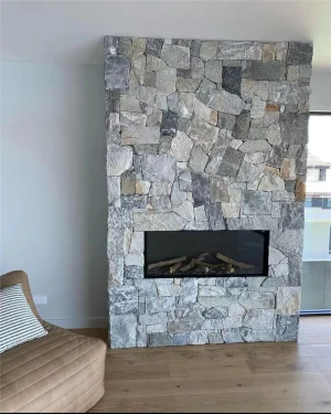 Grey‑white irregular quartzite crazy paving stone for indoor fireplace feature wall, natural split random stone interior wall cladding