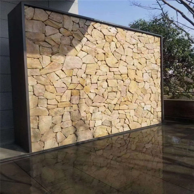 Golden rust slate crazy paving for modern outdoor landscape feature wall
