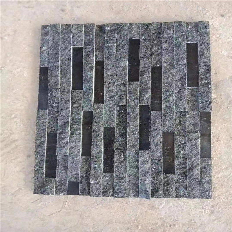 Split‑face black quartzite ledger stone panel close‑up texture view