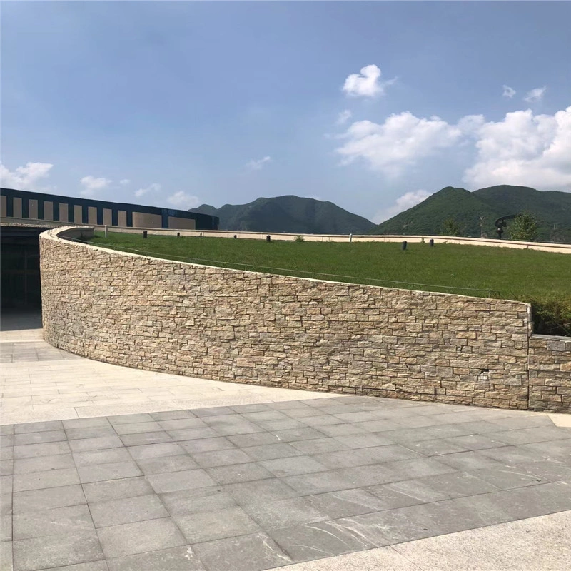 Natural Yellow Stacked Ledger Stone Curved Retaining Wall for Public Landscape Engineering Project