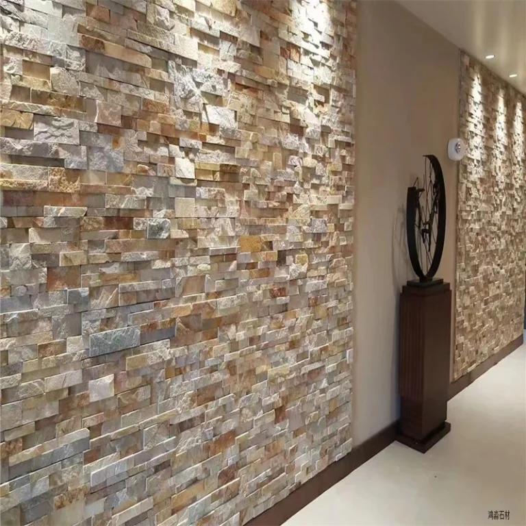Yellow Rust Ledger Stone Cladding, natural stacked slate tile for interior hallway feature wall decoration
