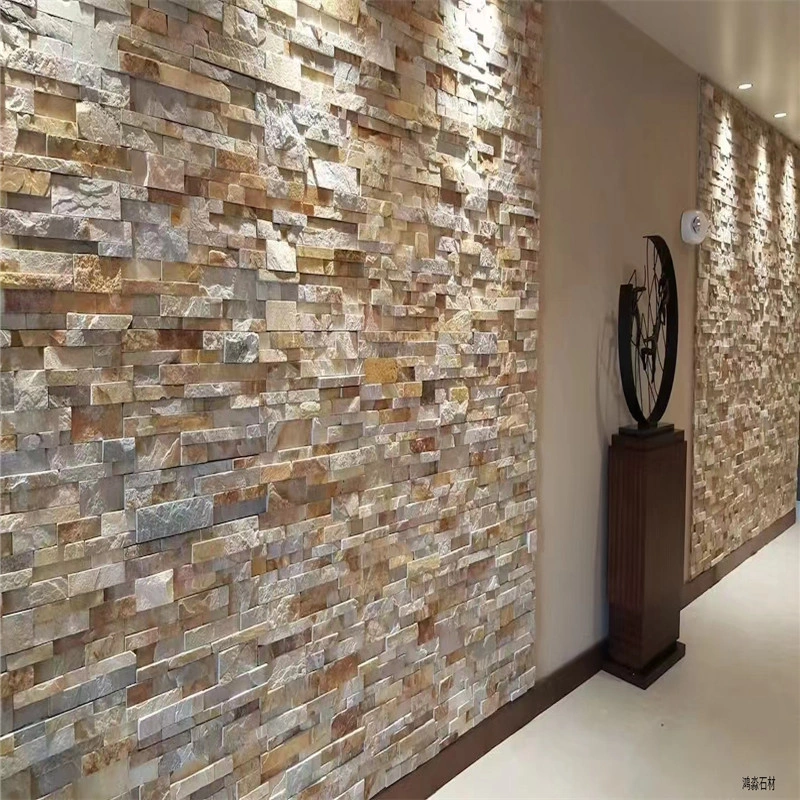 Yellow Rust Ledger Stone Cladding, natural stacked slate tile for interior hallway feature wall decoration