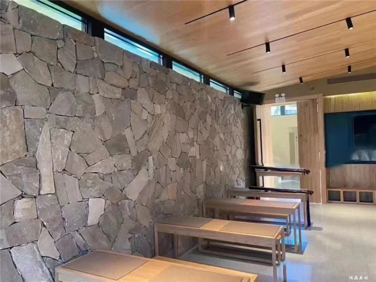 Natural crazy paving wall cladding interior project, grey irregular stone feature wall decoration for commercial lobby