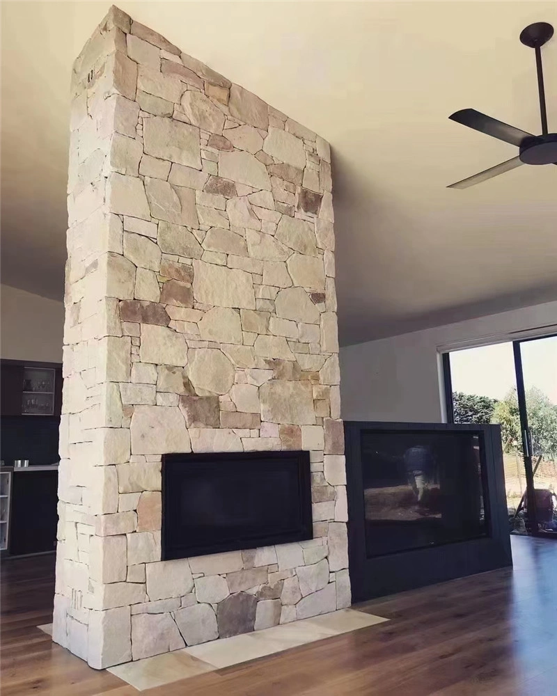 White sandstone crazy paving cladding for indoor fireplace feature wall