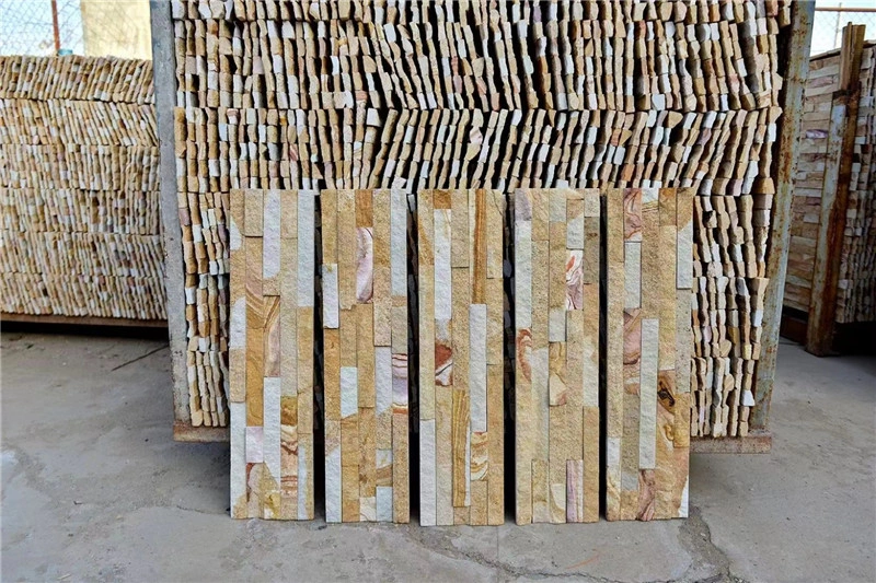 Yellow Wood‑Vein Ledger Stone panels stock at factory, natural stacked ledger stone
