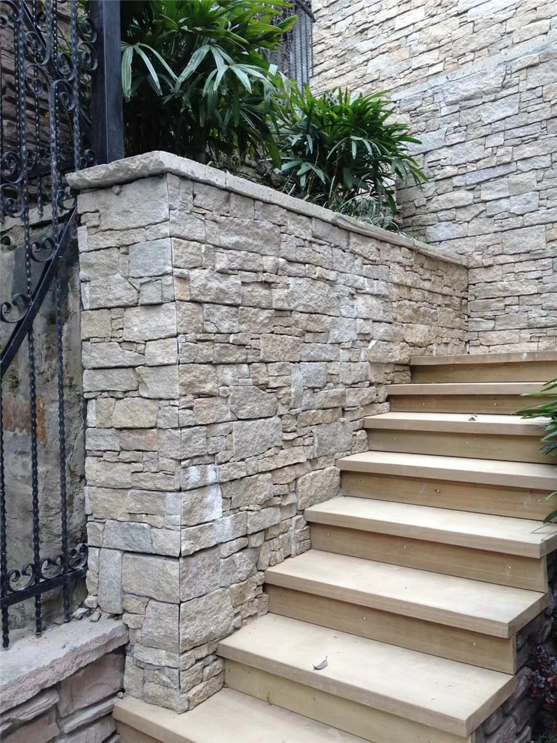 Natural Yellow Stacked Ledger Stone Staircase Retaining Wall for Outdoor Villa Landscape Construction 