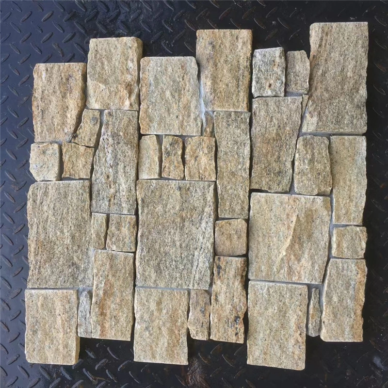 Natural Yellow Split Stacked Ledger Stone Mesh Backed Panels for Exterior Wall Cladding