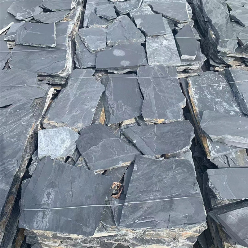 Black crazy paving stone for villa facade, raw loose natural stone stock for export