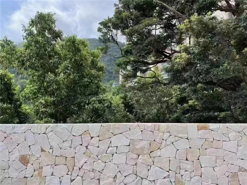 Landscape view of residential garden built with natural white sandstone