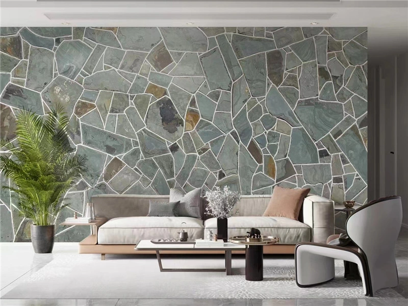 Green‑grey slate crazy paving wall cladding for interior feature wall