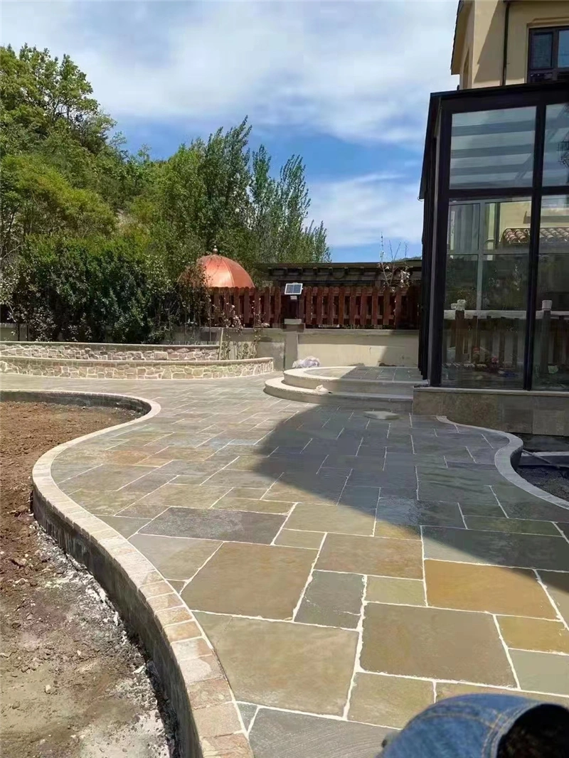 Yellow limestone multi-size paving for villa courtyard curved walkway outdoor flooring