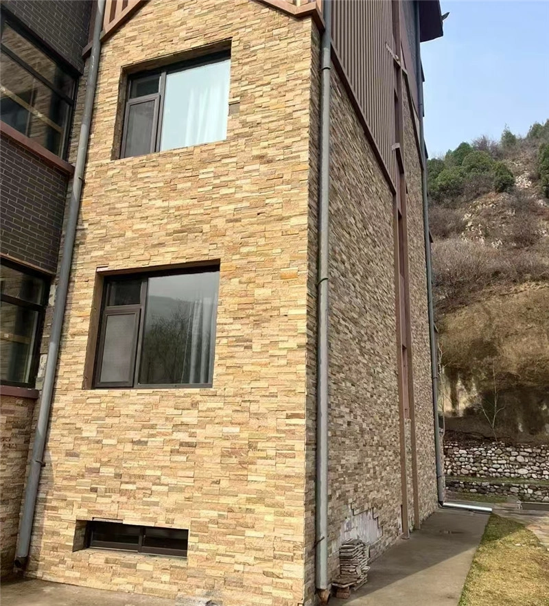 Yellow Natural Stacked Ledger Stone Cladding for Multi-Story Villa Exterior Facade