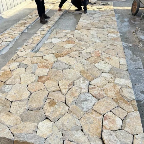 Yellow Rust Crazy Paving Slate | Natural Random Split Face Stone for Villa Exterior Wall & Garden Fence Cladding