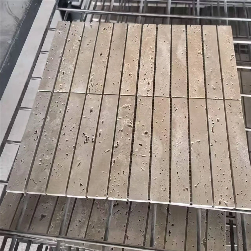 Beige travertine strip mosaic sheets, natural linear travertine on mesh backing for cladding