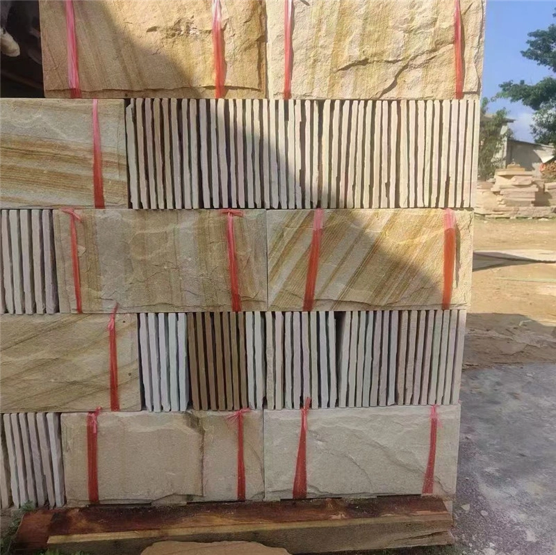 Packed yellow sandstone mushroom stone slabs ready for FCL shipment