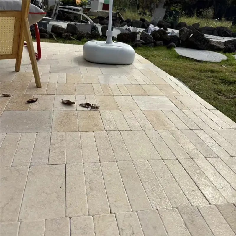 Beige travertine strip mosaic outdoor patio flooring natural stone installation