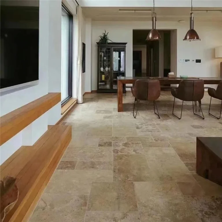 Beige Brown Limestone Flooring in a villa dining room with natural stone surface and warm earthy tones