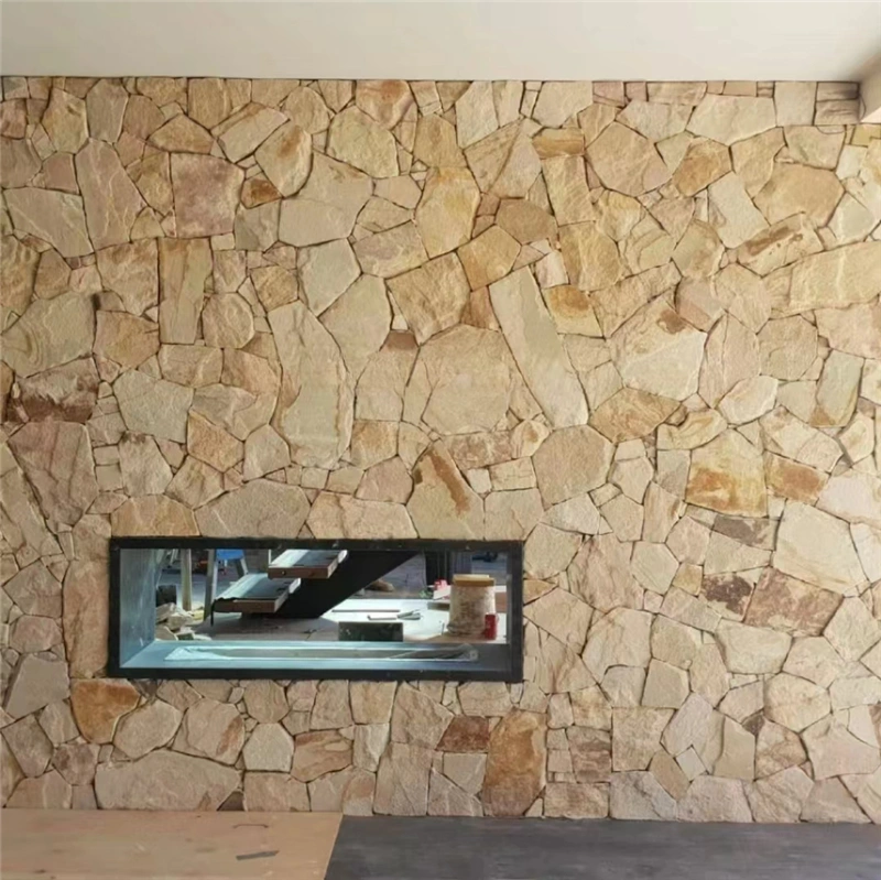 Yellow crazy paving wall stone for residential interior project