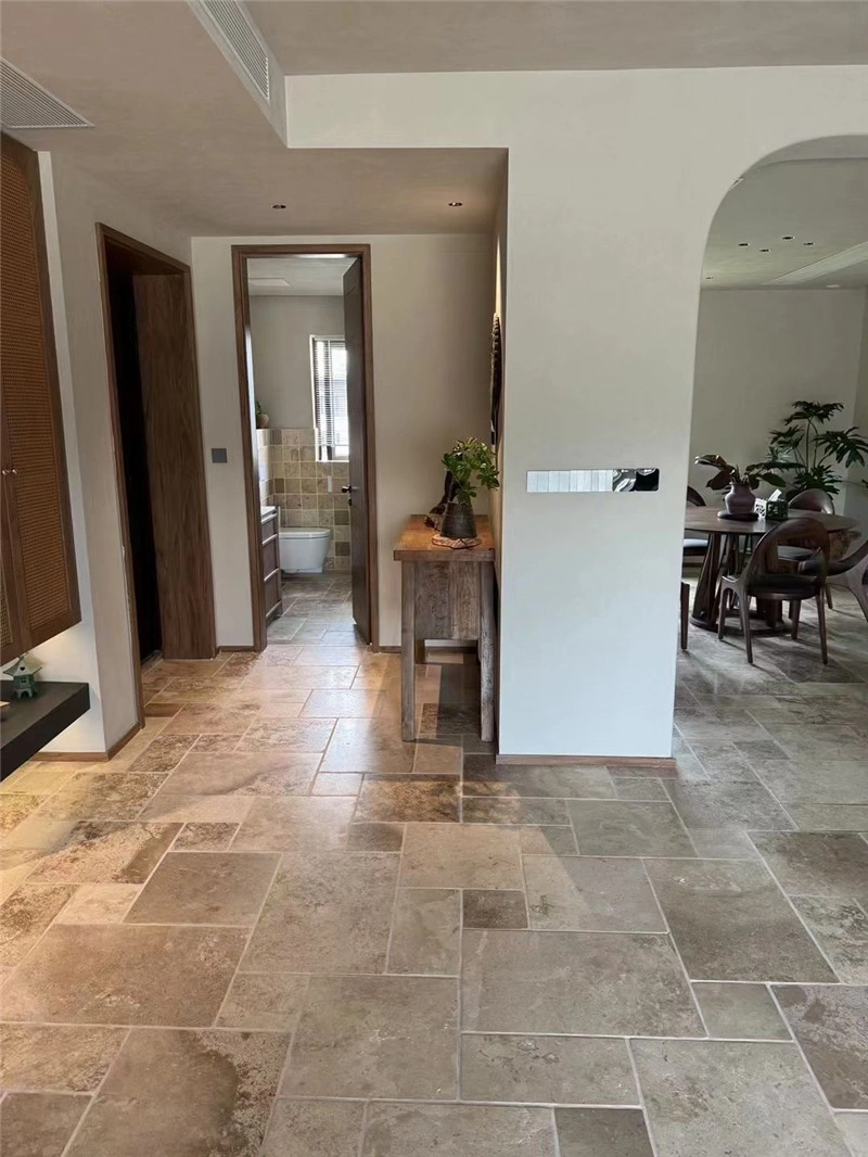 Walnut Brown Limestone French Pattern Tumbled Tile hallway floor installation