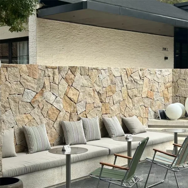 Yellow Rust Crazy Paving Slate exterior feature wall modern villa outdoor lounge landscaping natural stone decoration