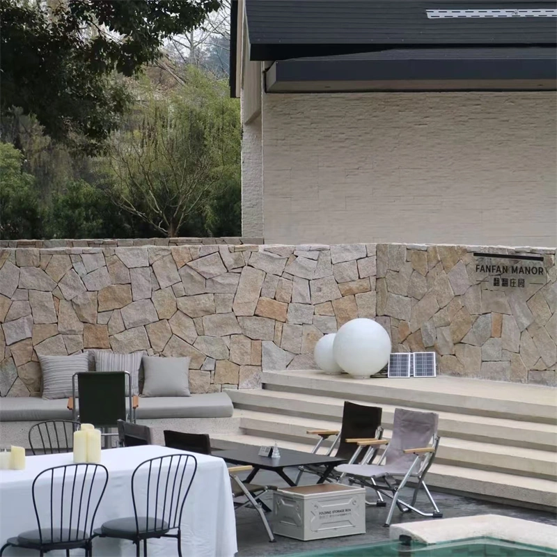 Yellow Crazy Paving Stone boundary wall in luxury villa outdoor garden lounge landscape project