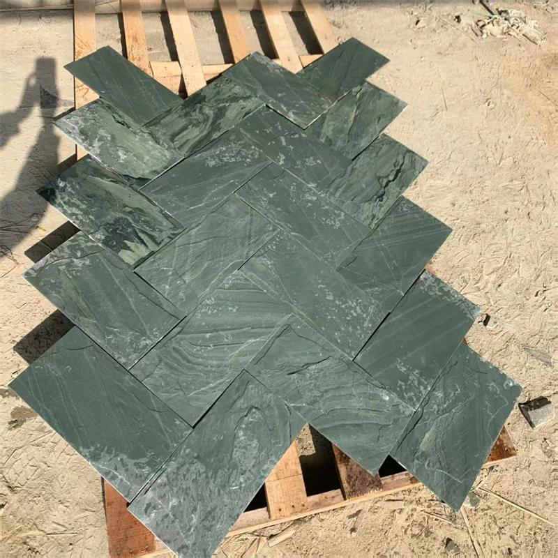 Green Slate Mushroom Stone Wall Cladding, natural green slate mushroom‑faced tiles laid flat for display