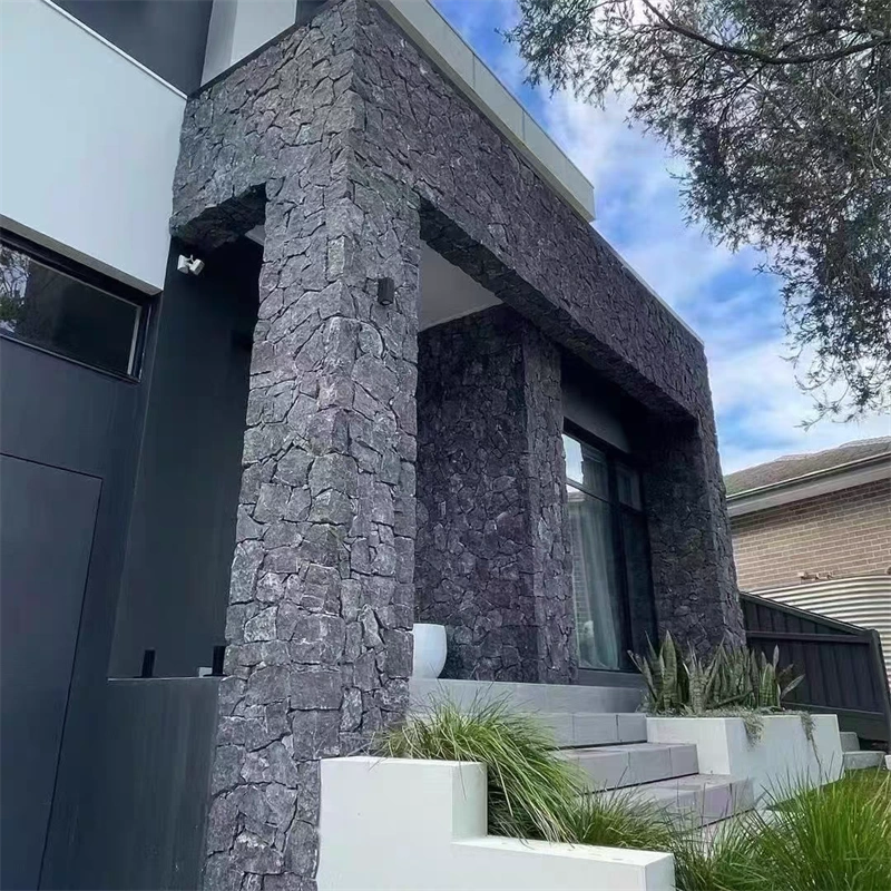 Charcoal grey crazy paving stone cladding for modern villa exterior pillar