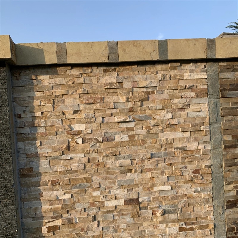 Yellow Wood‑Grain Stacked Stone veneer for low boundary exterior garden wall
