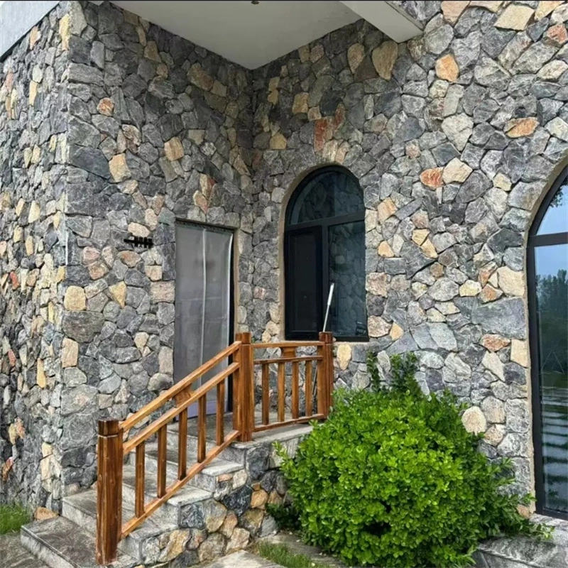 Grey‑blue crazy paving slate panel, irregular natural slate cladding sample for exterior wall and facade