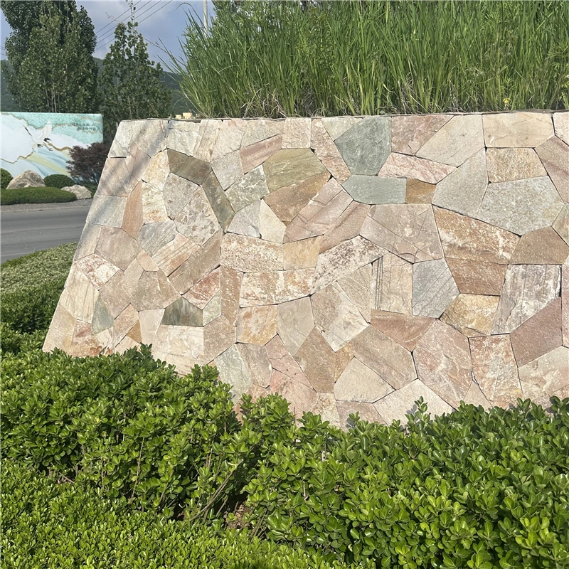 Rustic Crazy Paving Stone installed on a garden retaining wall, natural slate landscape project