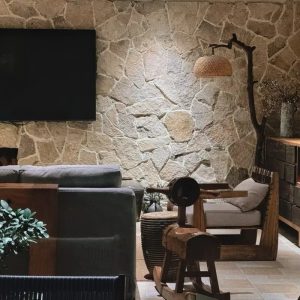 Yellow crazy paving wall stone for living room interior feature wall cladding