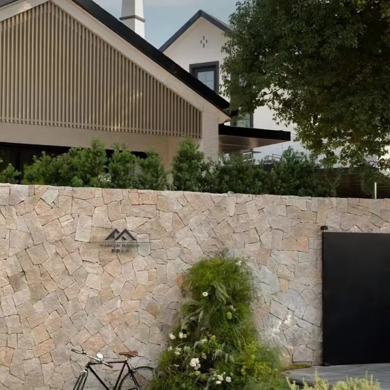 Yellow Rust Crazy Paving Slate villa garden boundary wall cladding natural split face stone outdoor landscape project