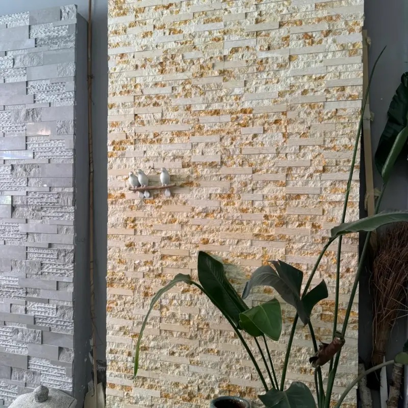 Mixed colour Yellow Wood‑Grain Stacked Stone panels, interlock stacked veneer stone sample display
