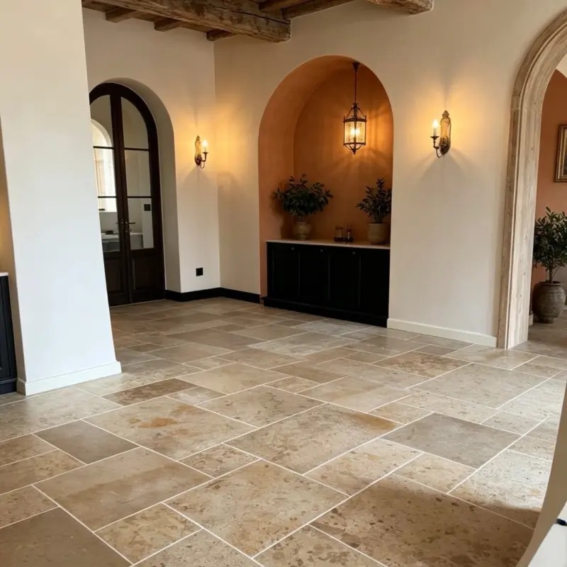 Walnut Brown Limestone French Pattern Tumbled Tile in a villa living room