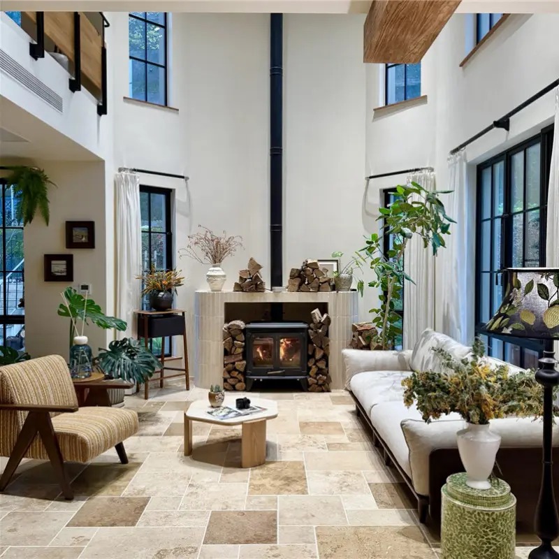 Natural Beige Limestone Floor Tiles for Rustic Farmhouse, Country Villa Living Room, Fireplace Surround and Luxury Interior Design