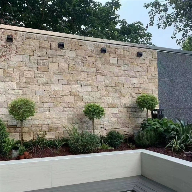 Yellow Beige Limestone Stacked Stone Fireplace Surround