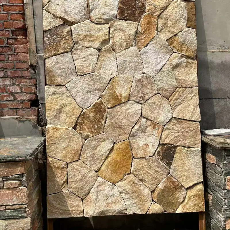 Golden Rust Random Fieldstone, natural stone sample wall display