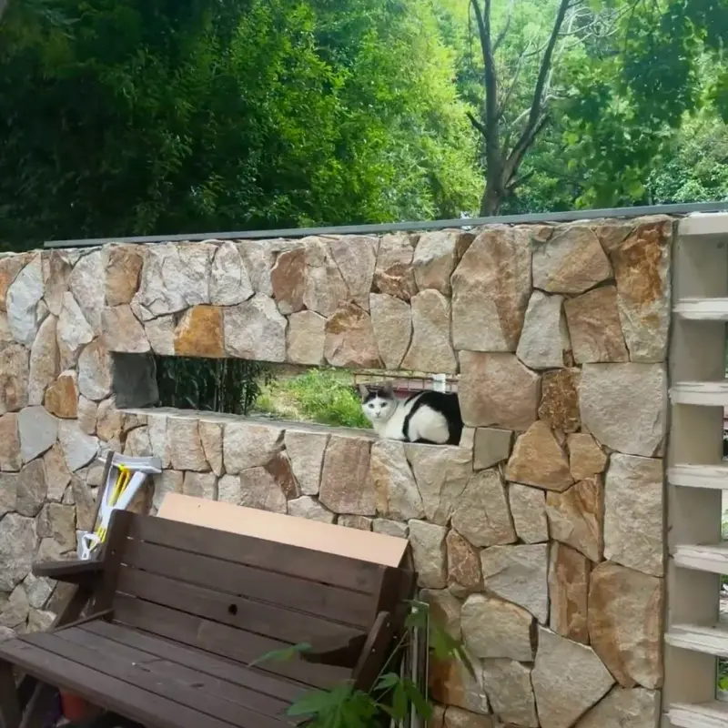 Golden Rust Random Fieldstone garden boundary wall with bench, rustic landscape stone
