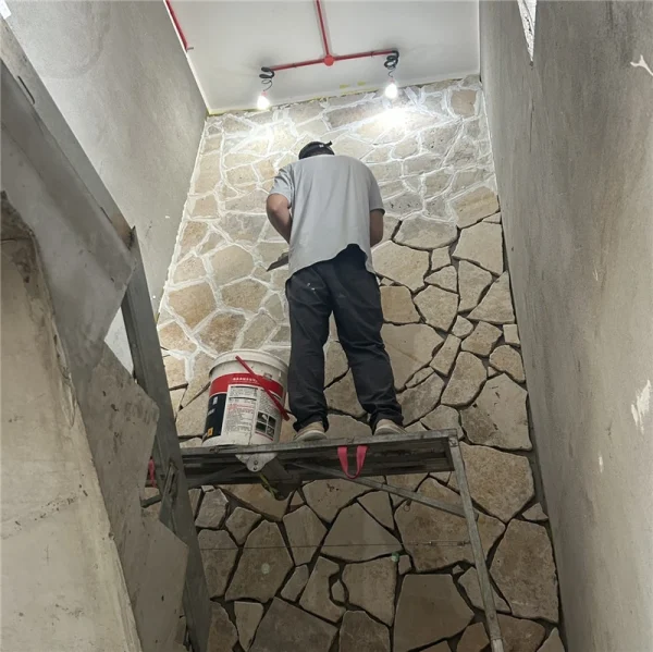 Yellow Limestone Crazy Paving Indoor Installation Site Yellow Limestone Crazy Paving indoor floor ongoing installation natural crazy paving work