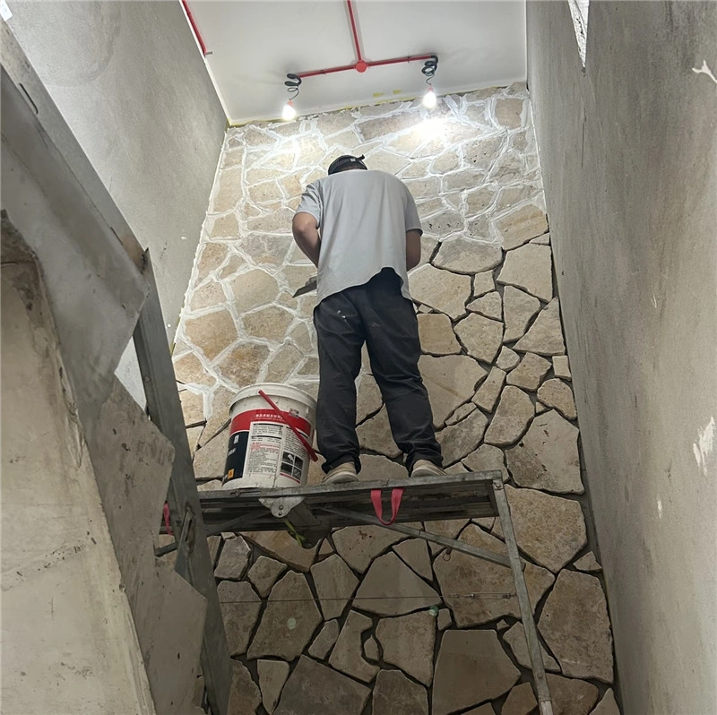 Yellow Limestone Crazy Paving indoor floor construction work natural crazy paving installation