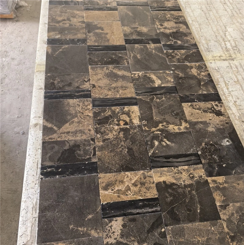 Black Limestone with Gold Veining, mesh‑backed stone panels at factory workshop