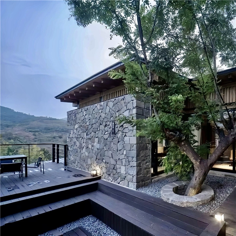 Grey crazy paving stone for villas, dark grey crazy paving stone villa exterior facade with landscaping