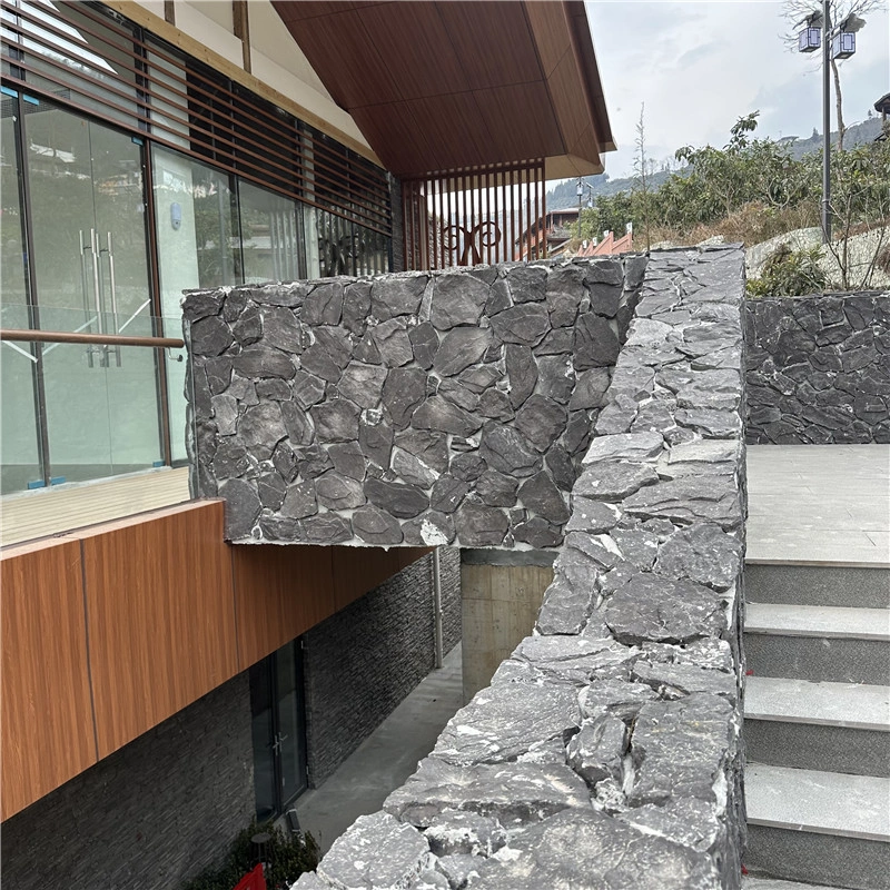 Black Natural Crazy Paving Wall Stone, finished villa retaining wall project